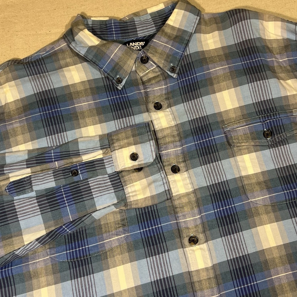 Lands End Men's XXL Tailored Fit Plaid Button Up Shirt Pockets Stretch Blue Gray